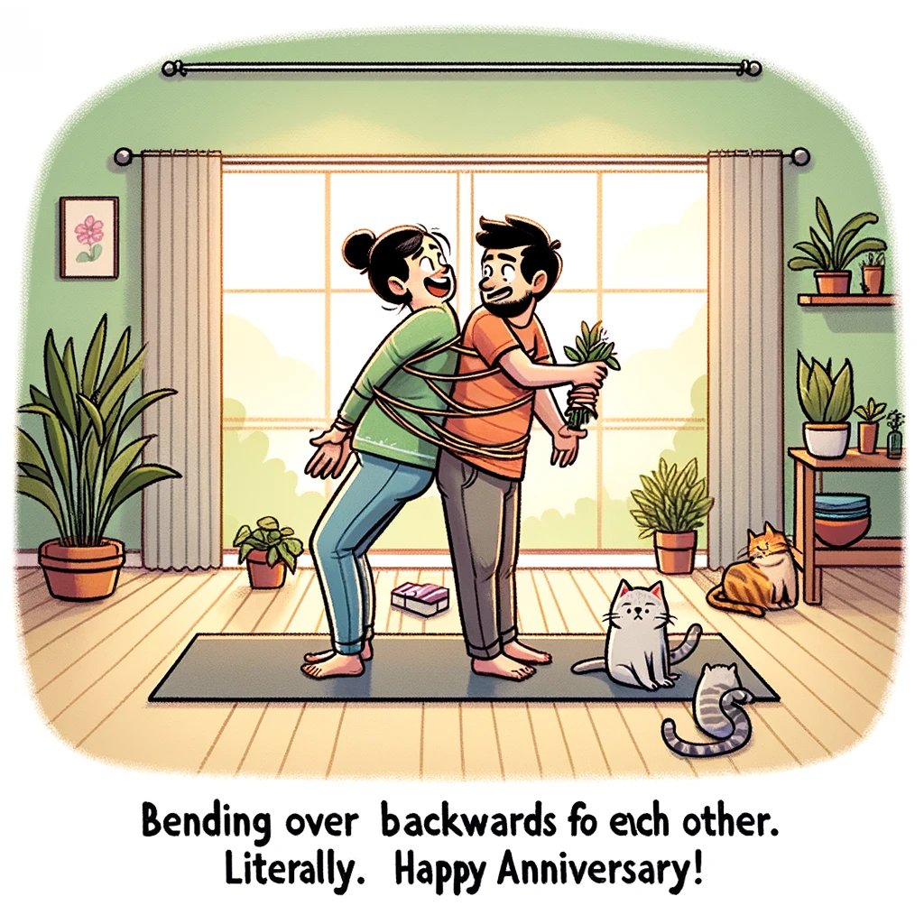 A cartoon of a couple trying to do yoga together at home, ending up in a tangled and funny pose. The cat is sitting nearby, looking confused. The room is peaceful with plants and sunlight streaming in. The caption reads, "Bending over backwards for each other. Literally. Happy Anniversary!"