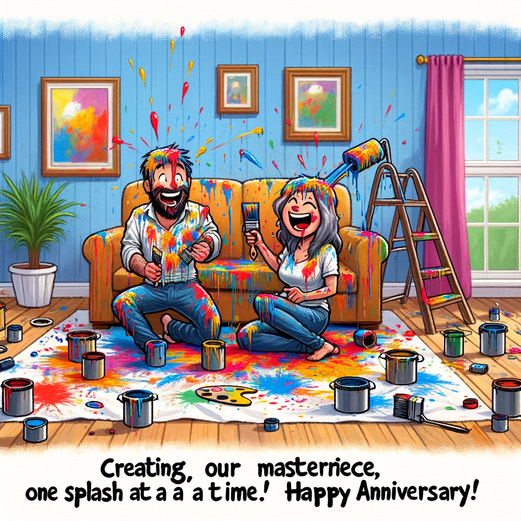 A cartoon scene where a couple is trying to paint their living room together, but end up painting each other more than the walls. The room is a colorful mess, with paint cans and brushes everywhere. They are laughing and covered in splatters of paint. The caption reads, "Creating our masterpiece, one splash at a time. Happy Anniversary!"