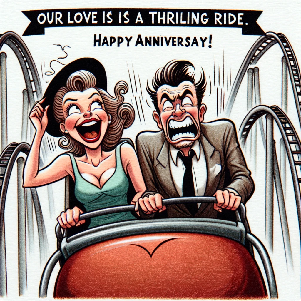 A cartoon depicting a couple on a roller coaster, with exaggerated expressions of excitement and fear. The woman is holding onto her hat, and the man is screaming with joy. The roller coaster is in the shape of a heart, symbolizing their adventurous love. The caption reads, "Our love is a thrilling ride. Happy Anniversary!"