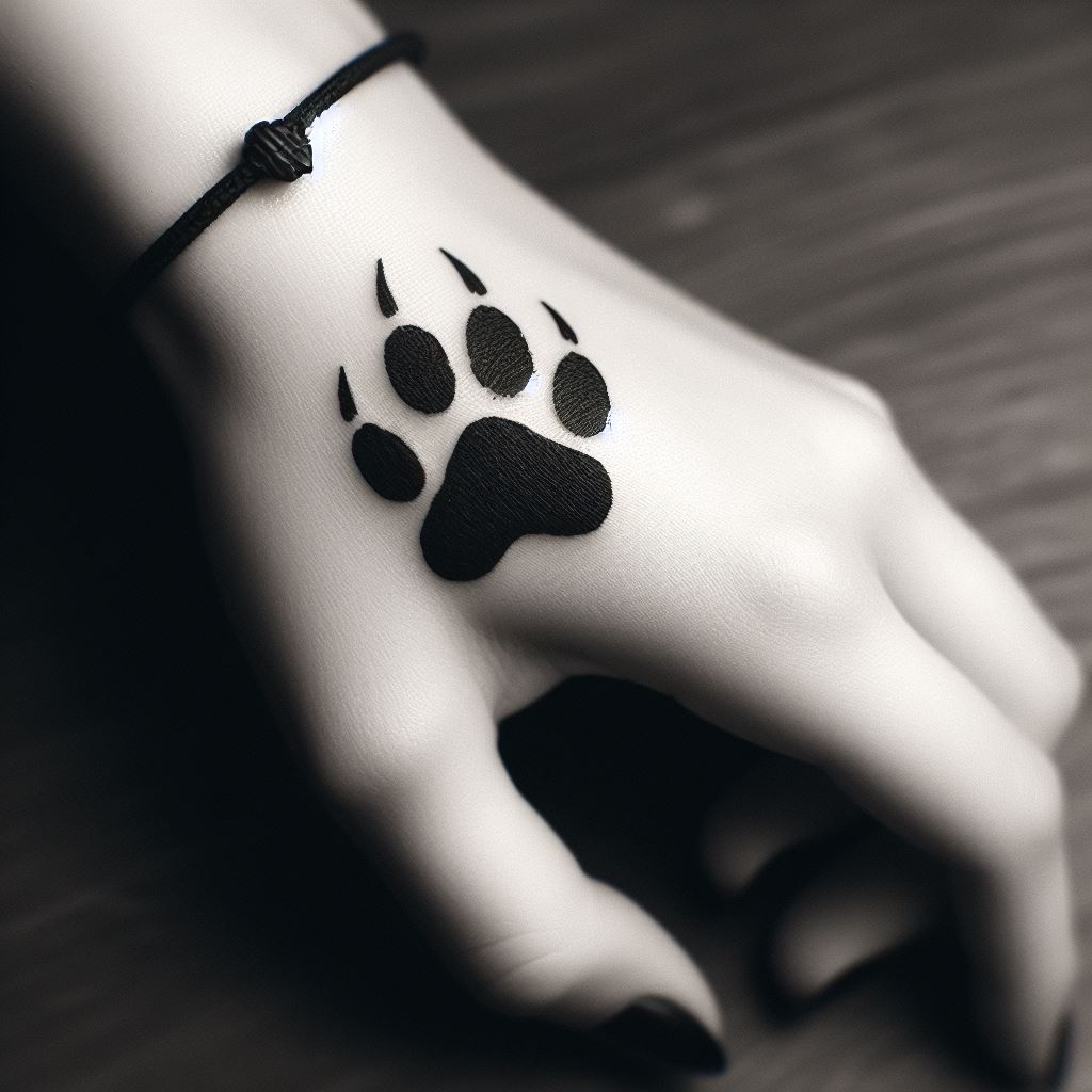 A small, yet impactful tattoo of a bear paw print on the side of the hand, near the thumb. The design is simple but powerful, using bold black ink to create the silhouette of the bear's paw, with each pad and claw clearly defined. This tattoo symbolizes strength and guidance, serving as a constant reminder of the bear's presence and protection in one's journey through life. The placement makes it both visible and discreet, depending on how the hand is positioned.