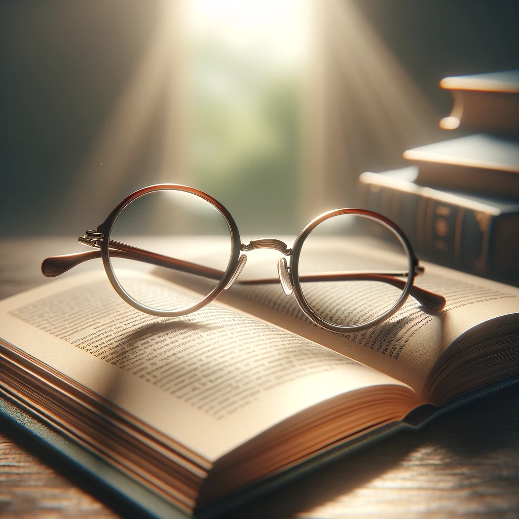 An open book with glasses resting on top, placed on a desk in a quiet, serene setting. The book is open to a page, suggesting it's being actively read. The glasses are classic, with a timeless design, implying wisdom and knowledge. The background is softly blurred, focusing attention on the book and glasses. The lighting is warm and inviting. A caption at the bottom in a thoughtful font reads: 'Knowledge is power, and power lies in every page.' The image conveys the value of learning, reading, and the pursuit of knowledge.