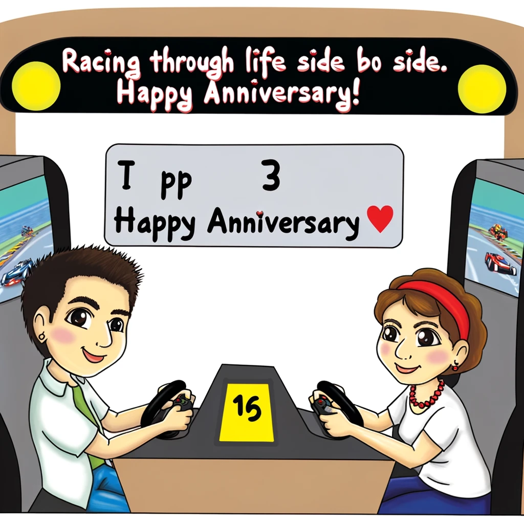 A cartoon of a couple at an arcade, competitively playing a racing video game against each other. They are focused and determined, with playful smiles. The scoreboard shows a tie. The caption reads, "Racing through life side by side. Happy Anniversary!"