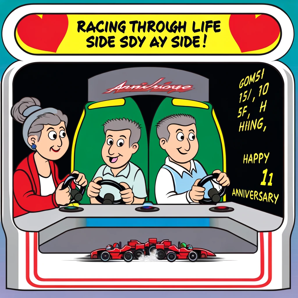 A cartoon of a couple at an arcade, competitively playing a racing video game against each other. They are focused and determined, with playful smiles. The scoreboard shows a tie. The caption reads, "Racing through life side by side. Happy Anniversary!"