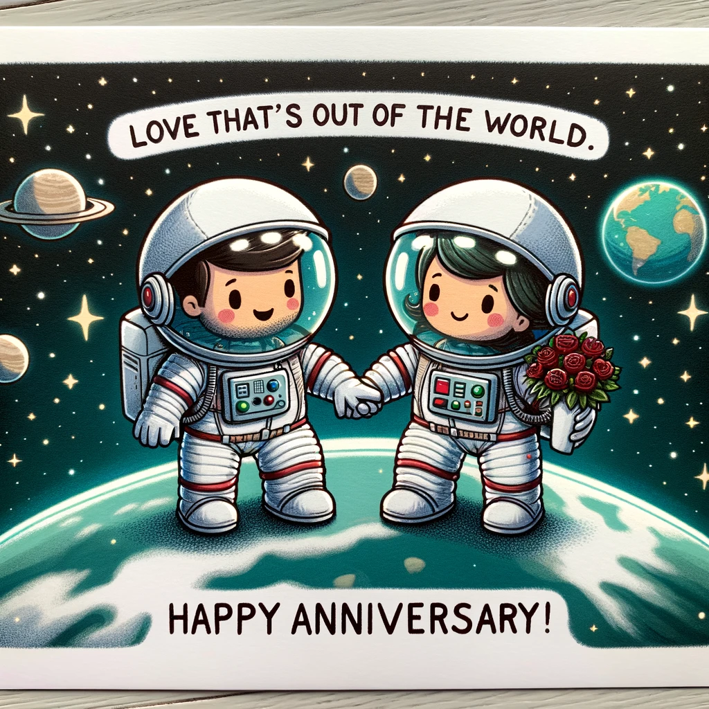 A cartoon of a couple in astronaut suits, floating together in space outside a spaceship. They are holding hands, with Earth in the background. The caption reads, "Love that's out of this world. Happy Anniversary!"