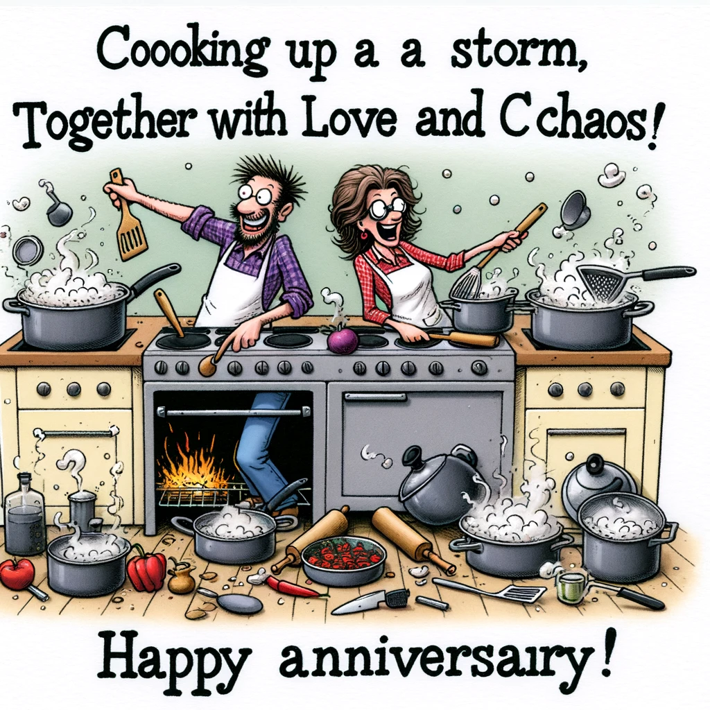 A cartoon of a couple trying to cook together in a kitchen that's in chaos, with pots boiling over and smoke coming from the oven. They are laughing and trying to juggle multiple kitchen tools. The caption reads, "Cooking up a storm, together in love and chaos. Happy Anniversary!"