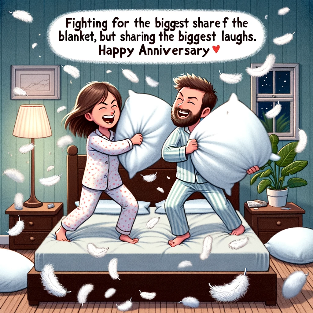 A cartoon of a couple having a pillow fight in their bedroom, feathers flying everywhere. They are in pajamas, laughing and dodging pillows. The room is cozy, with a night lamp on. The caption reads, "Fighting for the biggest share of the blanket, but sharing the biggest laughs. Happy Anniversary!"