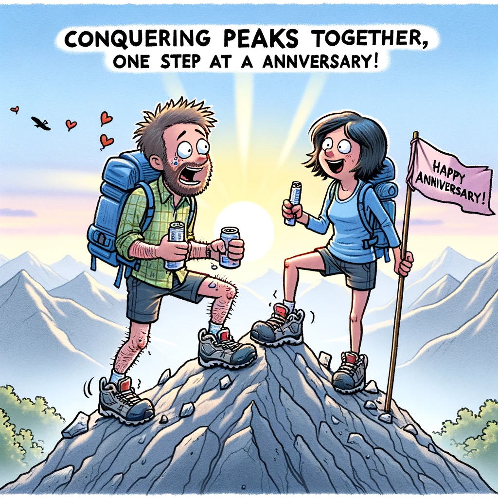 A cartoon of a couple at the top of a mountain they've just hiked, out of breath but happy. They are holding hands, with a victorious flag planted next to them. The background shows a beautiful sunrise. The caption reads, "Conquering peaks together, one step at a time. Happy Anniversary!"