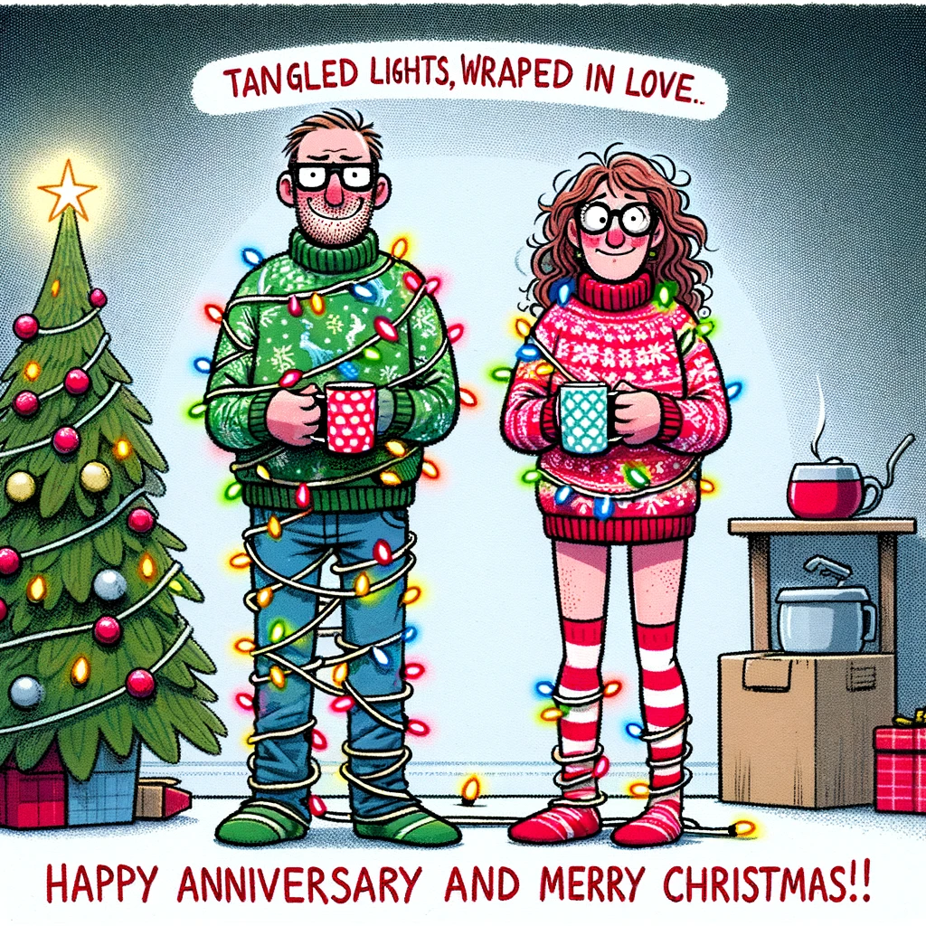 A cartoon of a couple in an over-decorated, overly bright Christmas sweater, standing next to a Christmas tree. They are holding mugs of hot cocoa, smiling awkwardly at the camera. The caption reads, "Tangled in lights, wrapped in love. Happy Anniversary and Merry Christmas!"