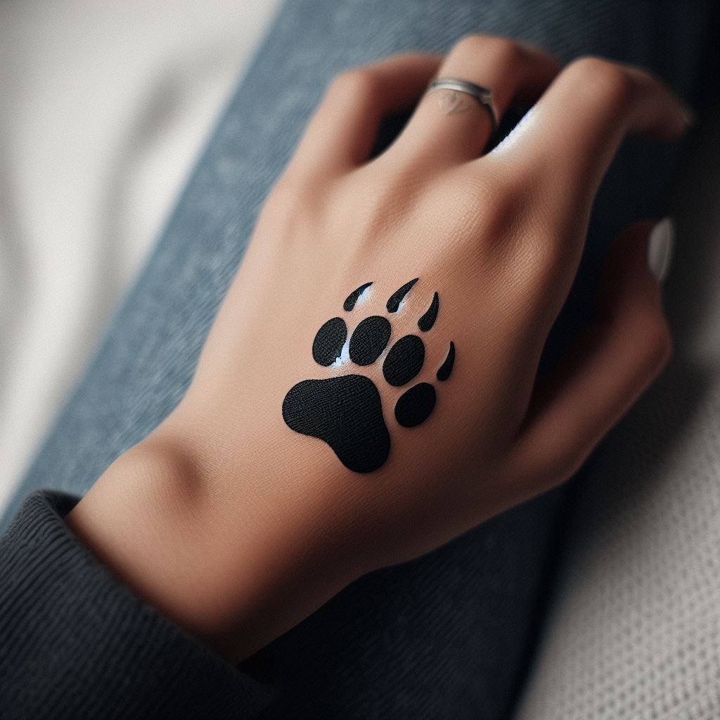 A small, yet impactful tattoo of a bear paw print on the side of the hand, near the thumb. The design is simple but powerful, using bold black ink to create the silhouette of the bear's paw, with each pad and claw clearly defined. This tattoo symbolizes strength and guidance, serving as a constant reminder of the bear's presence and protection in one's journey through life. The placement makes it both visible and discreet, depending on how the hand is positioned.