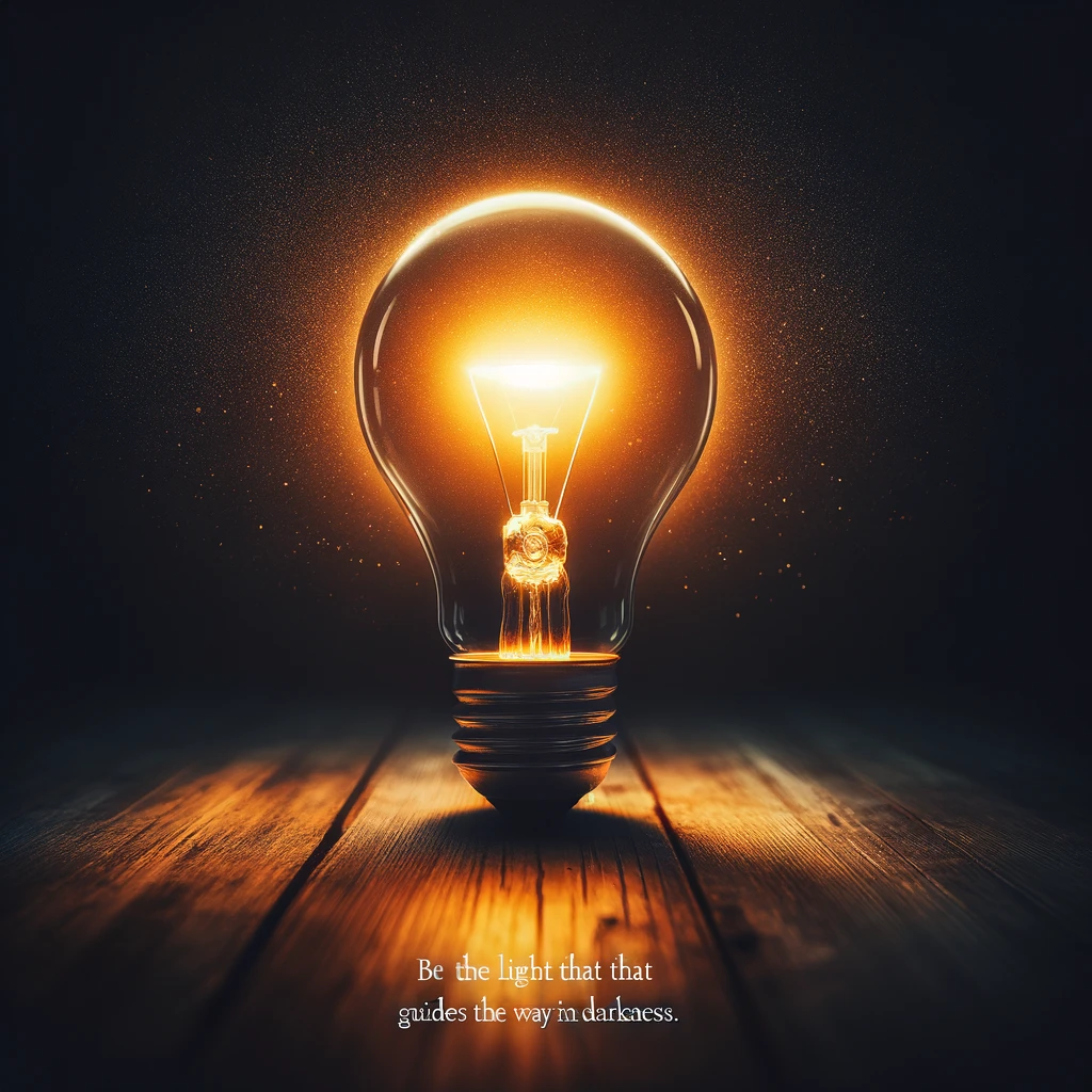 A brightly lit light bulb in a dark room, symbolizing inspiration and ideas. The light bulb glows intensely, casting a warm, inviting light that contrasts with the surrounding darkness. The bulb itself is in sharp focus, emphasizing its importance as a source of light and innovation. The darkness around it represents potential, the unknown, and the power of a single idea to illuminate. A caption at the bottom in an inspiring font reads: 'Be the light that guides the way in darkness.' The image captures the essence of creativity, inspiration, and being a source of positive change.