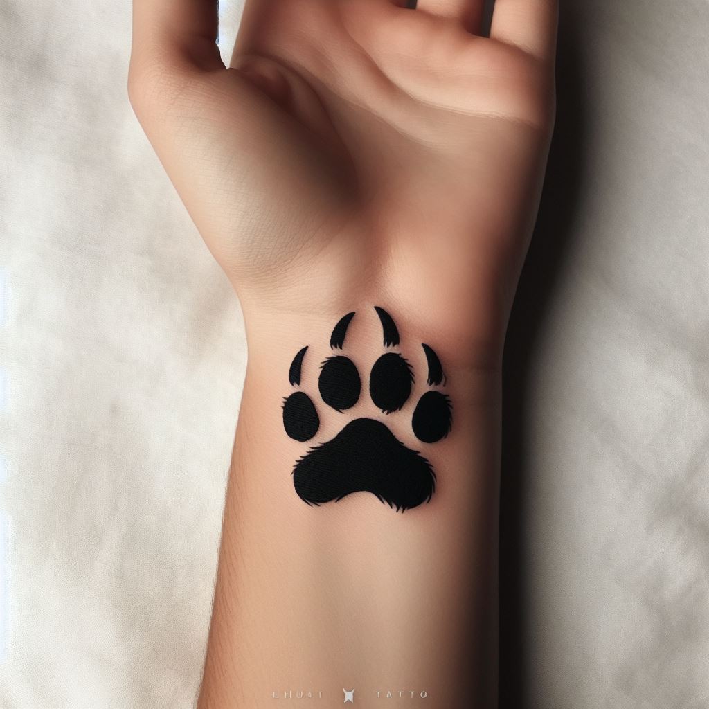 A small, yet impactful tattoo of a bear paw print on the side of the hand, near the thumb. The design is simple but powerful, using bold black ink to create the silhouette of the bear's paw, with each pad and claw clearly defined.