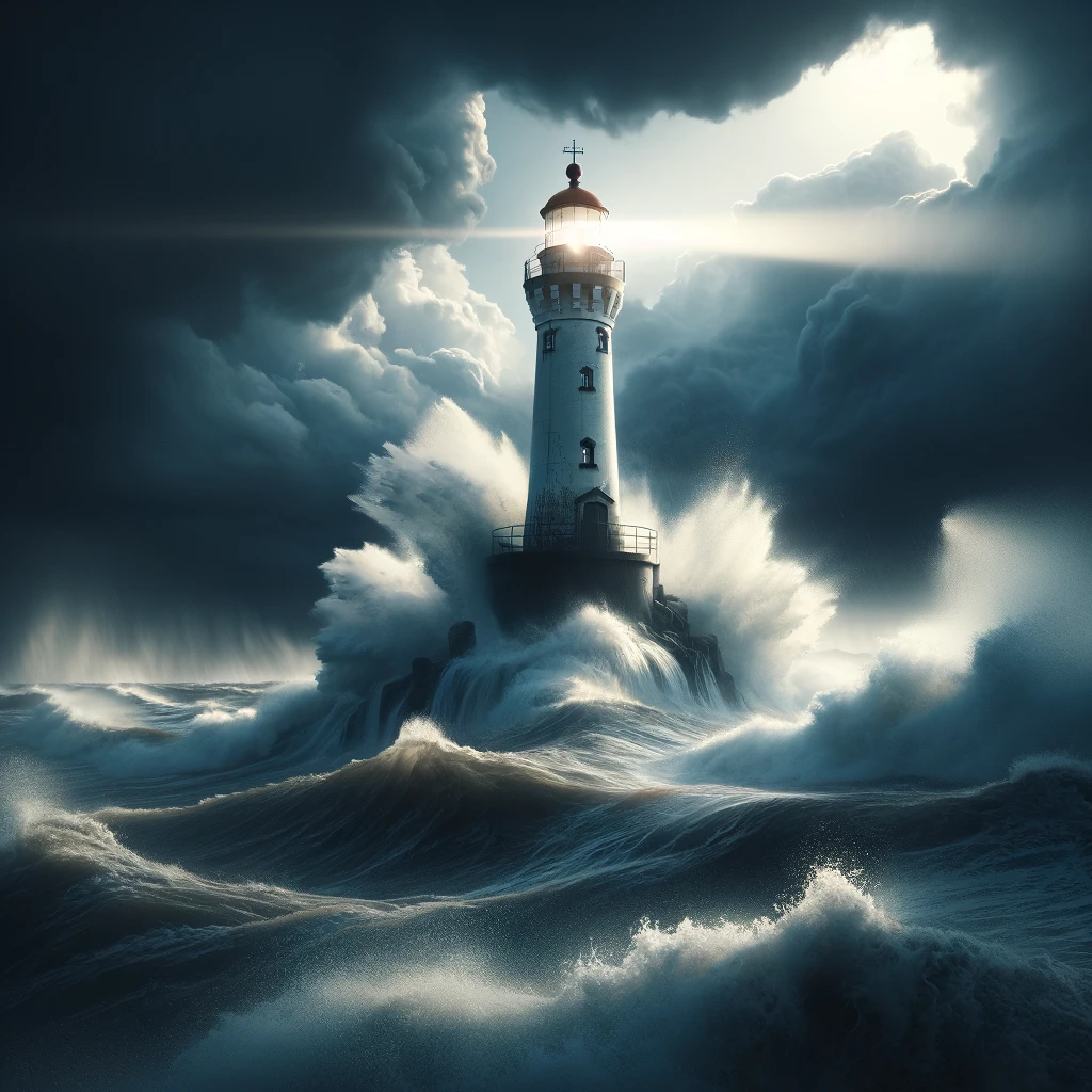 A lighthouse standing firm amidst crashing waves and a stormy sky. The lighthouse is a symbol of strength and guidance, its light piercing through the dark, turbulent weather. The waves are high and fierce, splashing against the lighthouse, but it remains unyielding. The sky is dark and ominous, adding to the dramatic scene. A caption at the bottom in a bold, encouraging font reads: 'Be a beacon of hope in the face of adversity.' The image conveys the message of steadfastness, hope, and guiding others through challenging times.