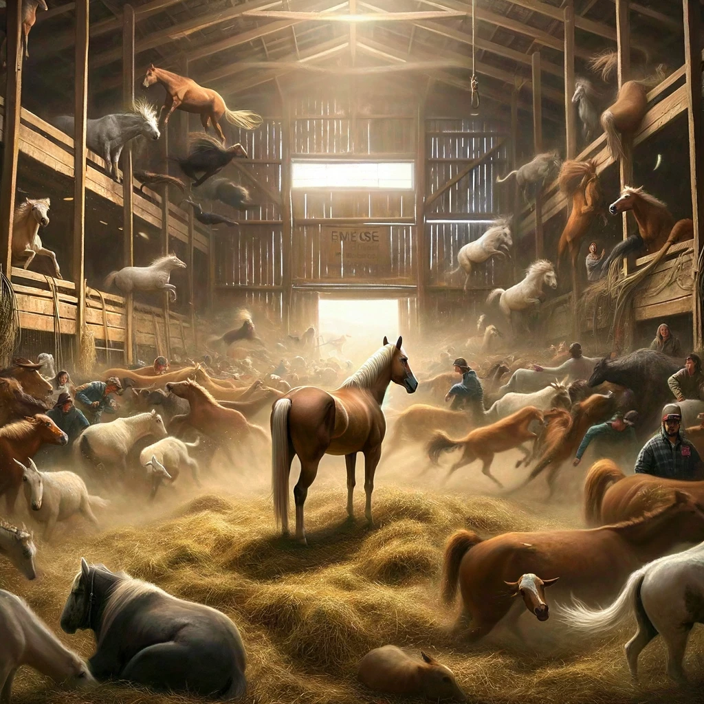 A horse standing peacefully in the center of a chaotic barn scene, conveying a sense of calm and tranquility amidst the chaos. The barn is bustling with activity, animals moving around, hay being tossed, and general disarray, but the horse remains unbothered and serene. It's a striking contrast between the calm horse and the busy barn environment. Include a caption at the bottom of the image in bold letters: "In the eye of the storm, I find my peace." The image should capture the essence of a Zen master in the midst of turmoil.