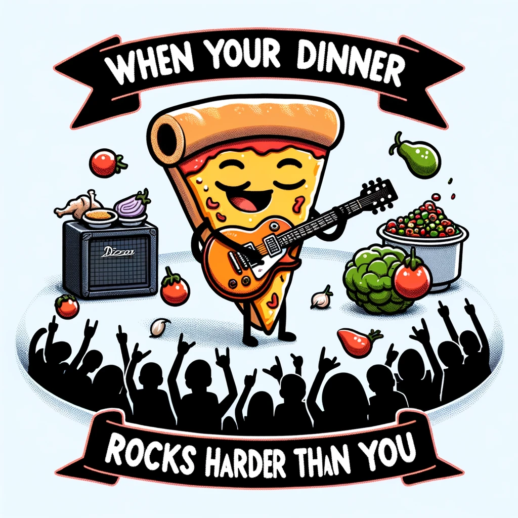 A comical image of a slice of pizza playing a guitar, surrounded by toppings like they're the audience, with a caption that reads, "When your dinner rocks harder than you."