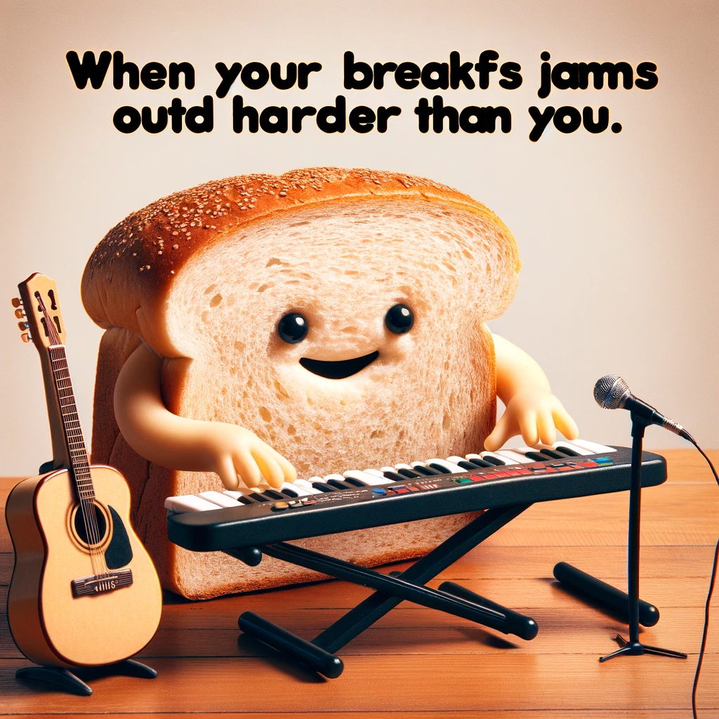 A comical image of a loaf of bread playing a keyboard, with a guitar leaning against it, captioned, "When your breakfast jams out harder than you."