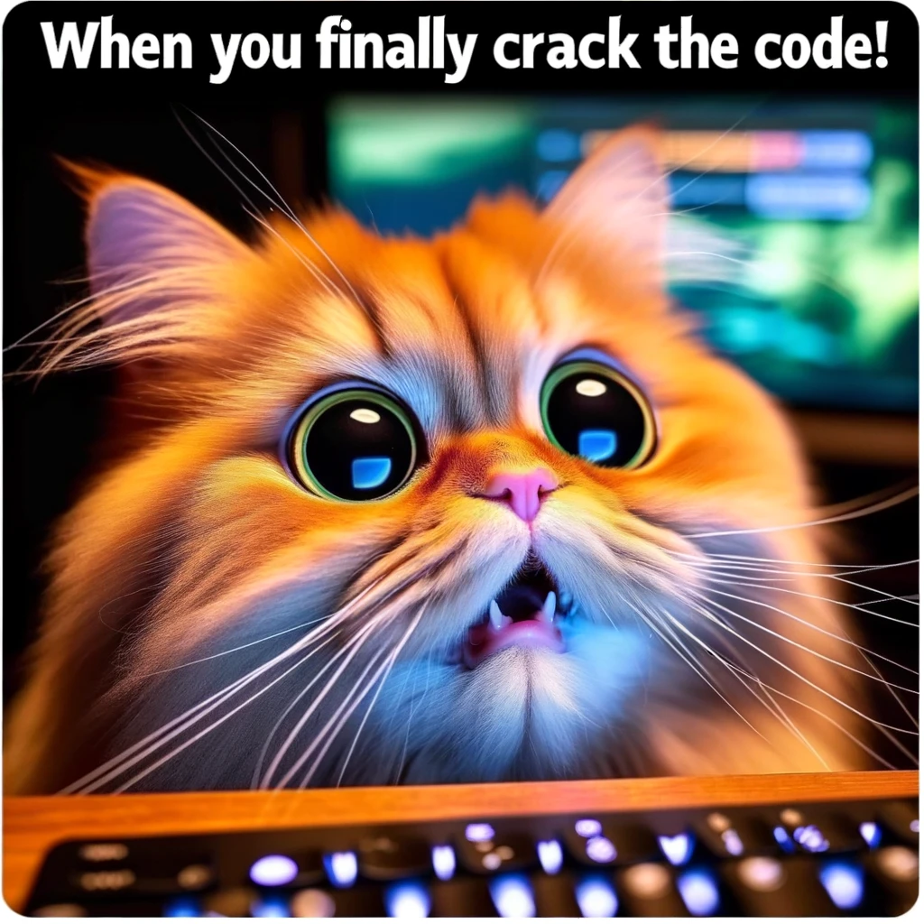 An image of a fluffy orange cat with wide eyes sitting in front of a computer screen, displaying an expression of awe and excitement. The caption reads, "When you finally crack the code!"