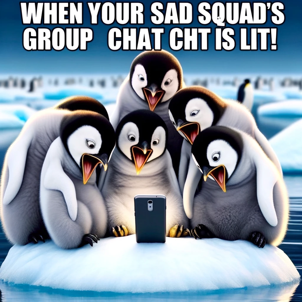 A group of penguins huddled together on an ice floe, all looking at a smartphone with expressions of shock and delight. The caption reads, "When your squad's group chat is lit!"