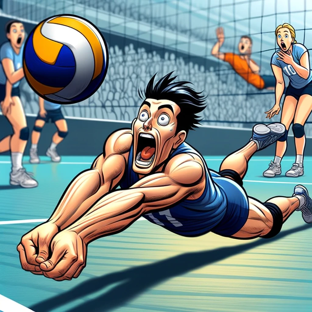 A cartoonish image of a volleyball player diving dramatically to save the ball with an exaggerated expression, captioned "When you finally make that epic save, but it's just in a practice game."