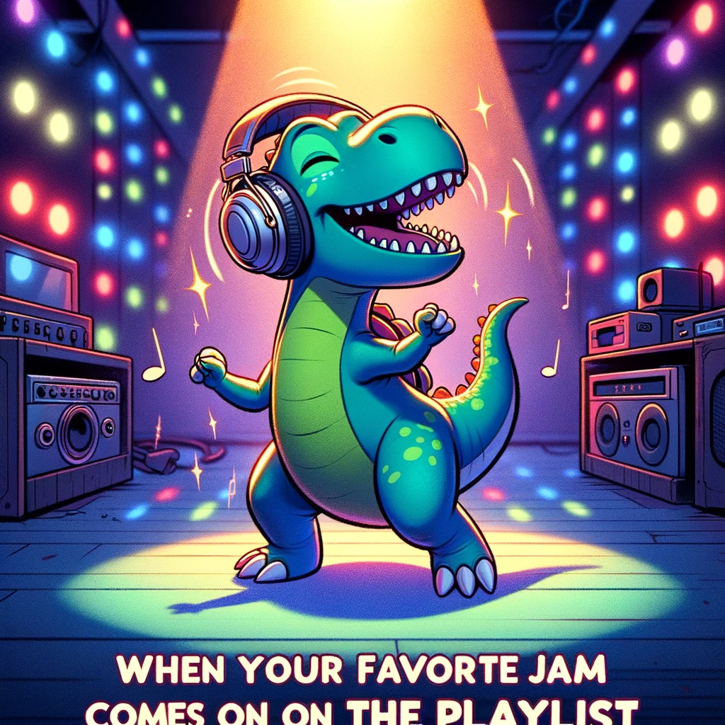A cartoon dinosaur wearing headphones and dancing in a room filled with disco lights. The caption reads, "When your favorite jam comes on the playlist!"