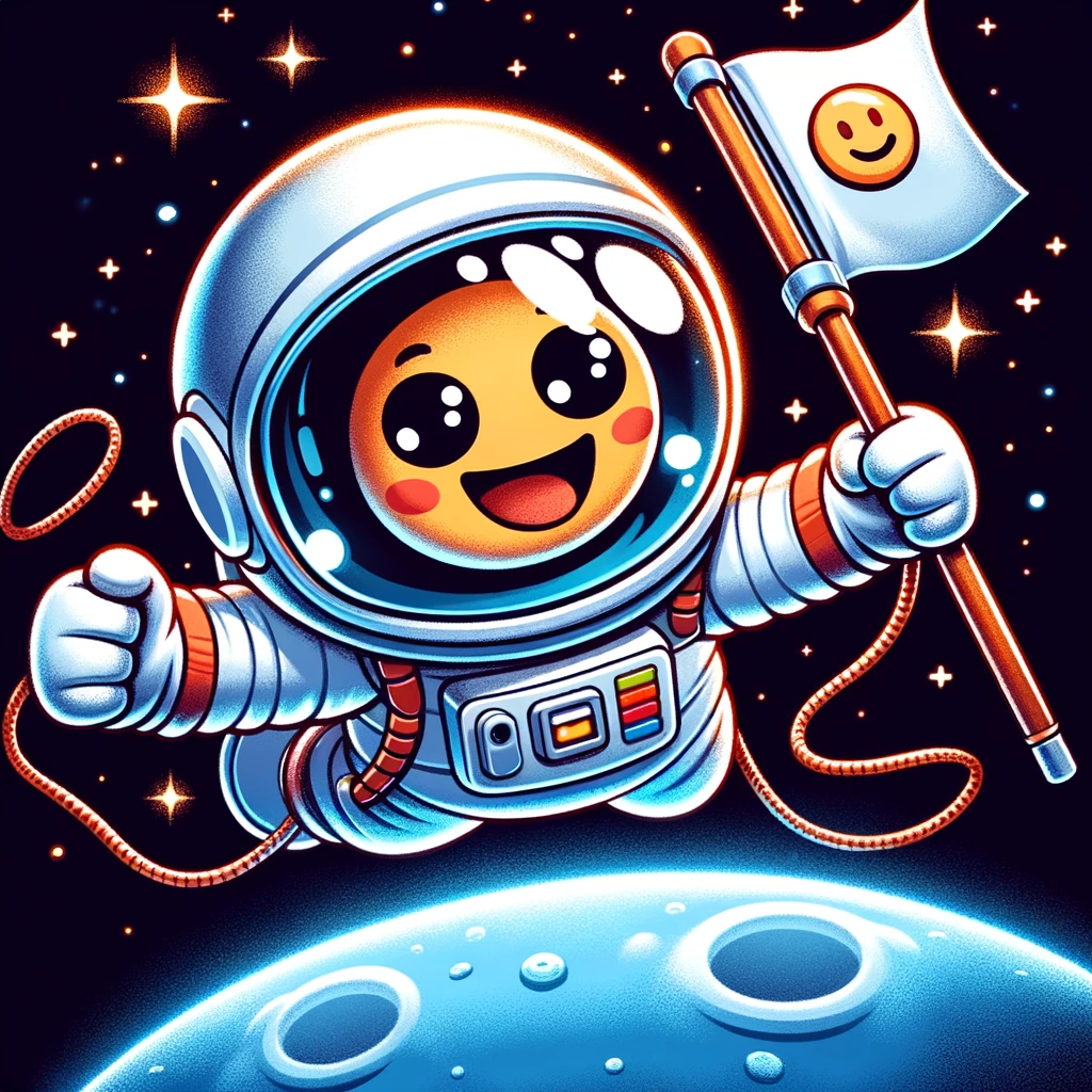 A cartoon astronaut floating in space, holding a flag with a happy face emoji on it. The caption reads, "When you reach a new milestone in life!"
