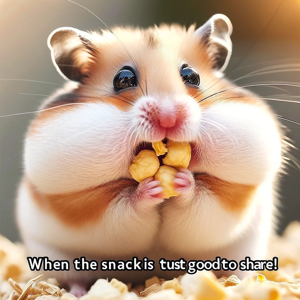 A chubby hamster stuffing its cheeks with food, eyes sparkling with joy. The caption reads, "When the snack is just too good to share!"