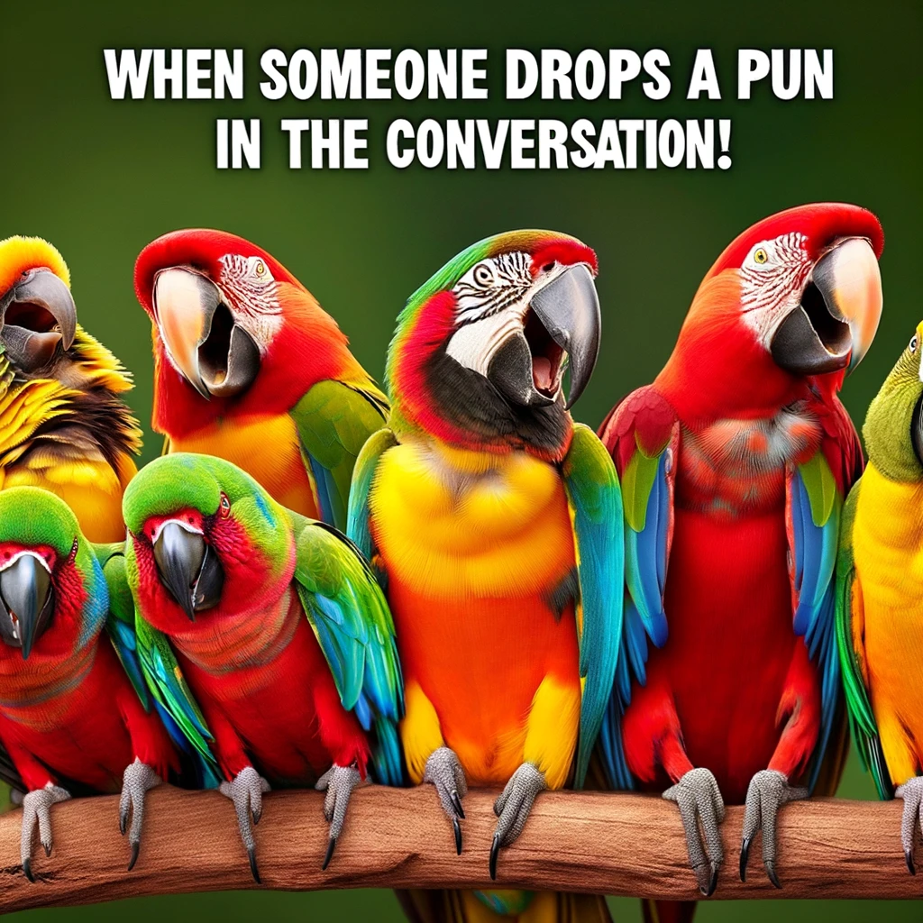 A group of colorful parrots sitting on a branch, all laughing as if they just heard the funniest joke. The caption reads, "When someone drops a pun in the conversation!"