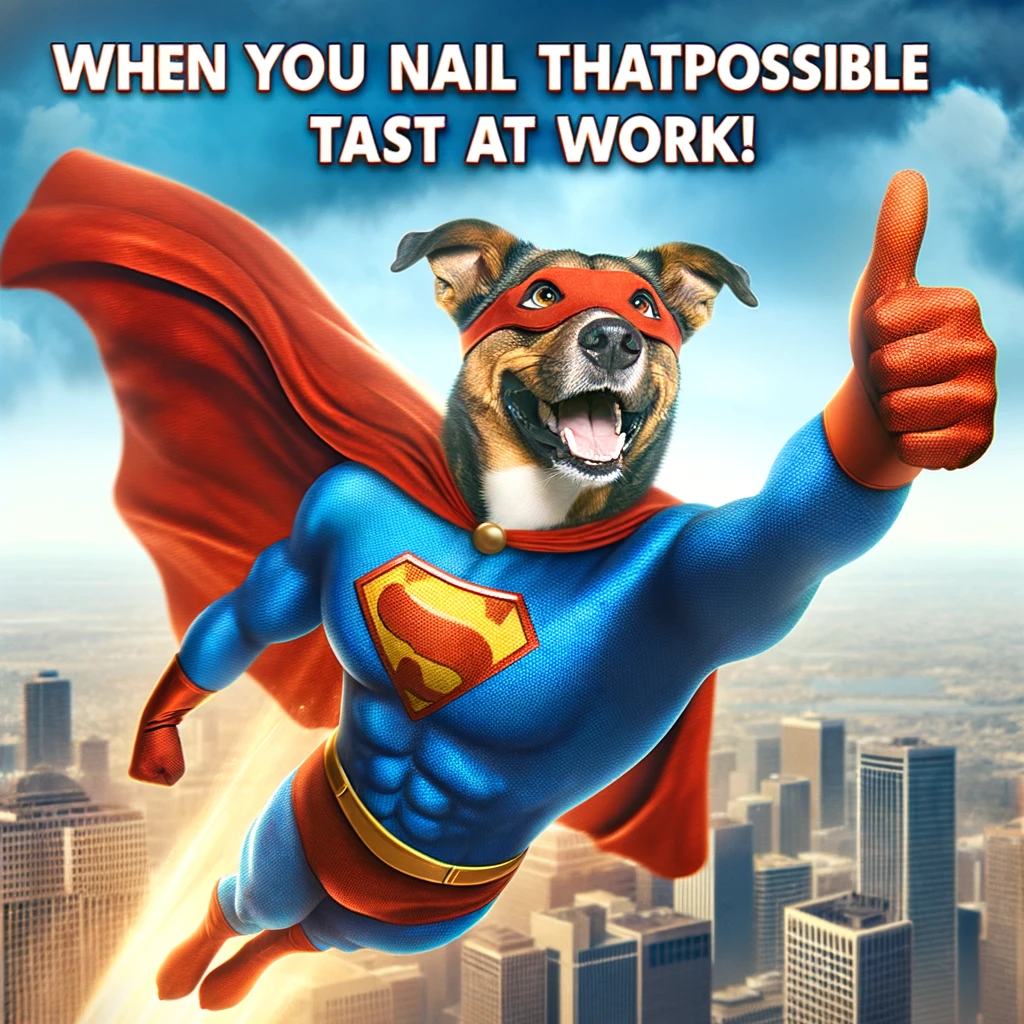 A superhero dog flying through the sky with a cape, giving a thumbs-up with a broad smile. The caption reads, "When you nail that impossible task at work!"