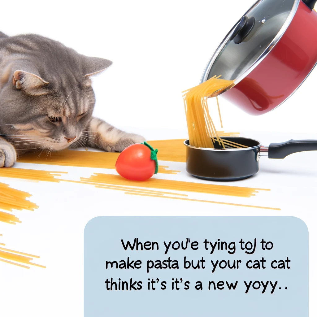 A playful image depicting a cat attempting to cook spaghetti, with the caption 'When you're trying to make pasta but your cat thinks it's a new toy.'