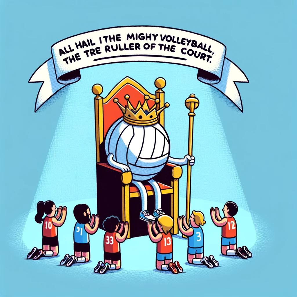 A humorous scene where a volleyball is sitting on a throne, wearing a crown, with players bowing down to it. Captioned "All hail the mighty volleyball, the true ruler of the court."