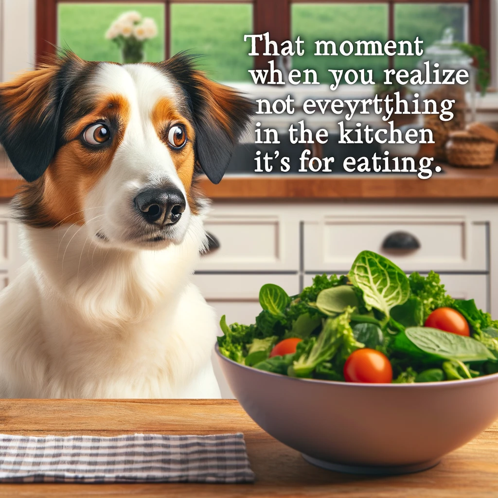 An image of a dog looking confused in front of a salad, with the caption 'That moment when you realize not everything in the kitchen is for eating.'