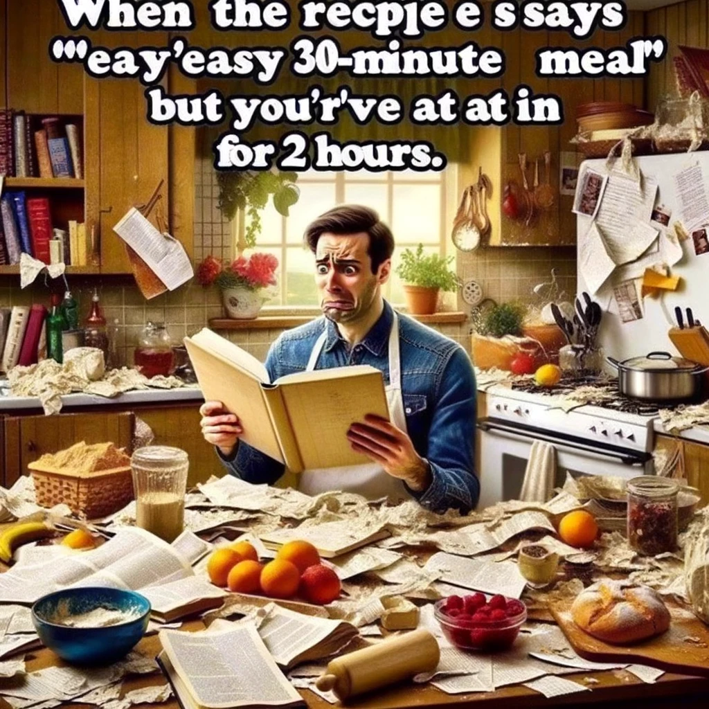 A humorous image of a person looking puzzled while reading a complex recipe book, surrounded by kitchen chaos, with the caption 'When the recipe says 'easy 30-minute meal' but you've been at it for 2 hours.'