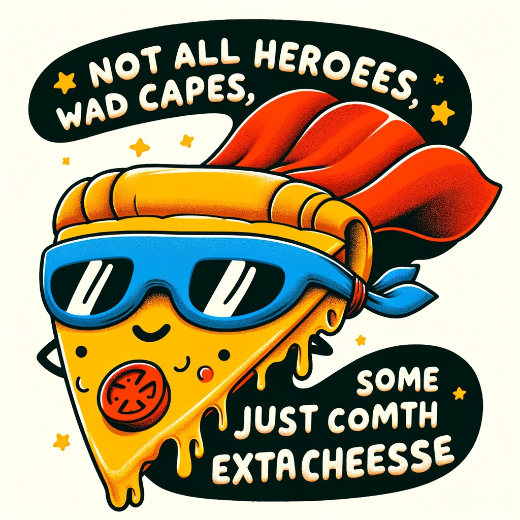 A cartoonish image of a slice of pizza flying out of the oven with superhero cape, with the caption 'Not all heroes wear capes, some just come with extra cheese.'
