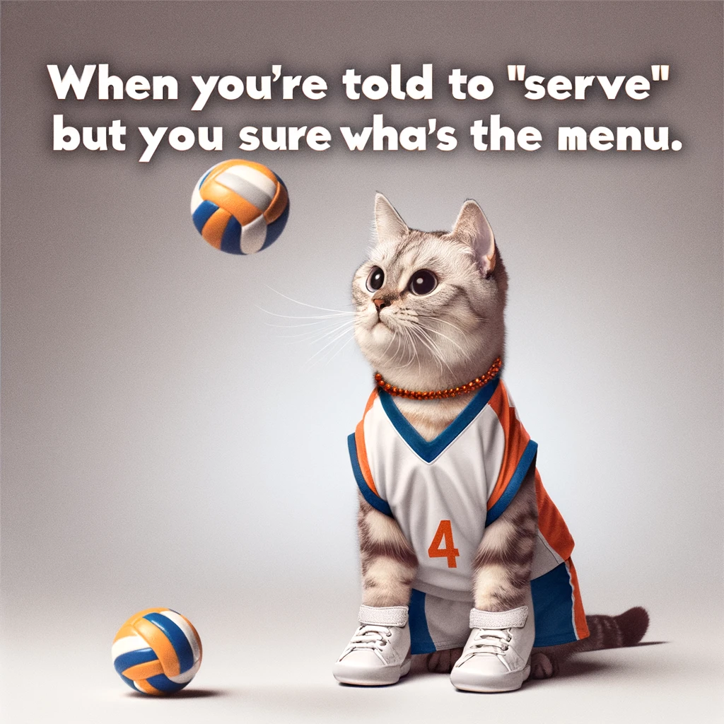 A funny image of a cat dressed in a volleyball uniform, attempting to serve the ball but looking confused. Captioned "When you're told to 'serve' but you're not sure what's on the menu."
