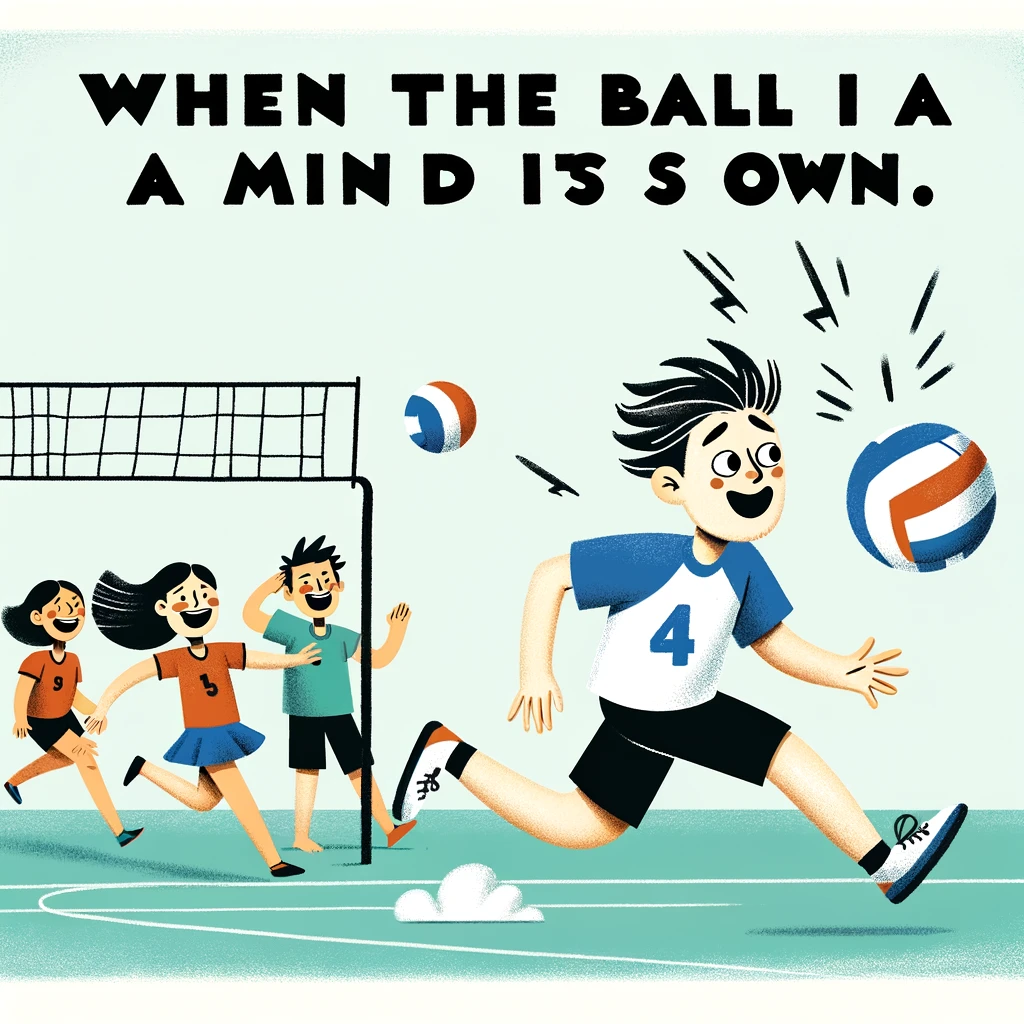 A playful illustration of a volleyball player chasing after a runaway ball, with other players in the background laughing. Captioned "When the ball has a mind of its own."