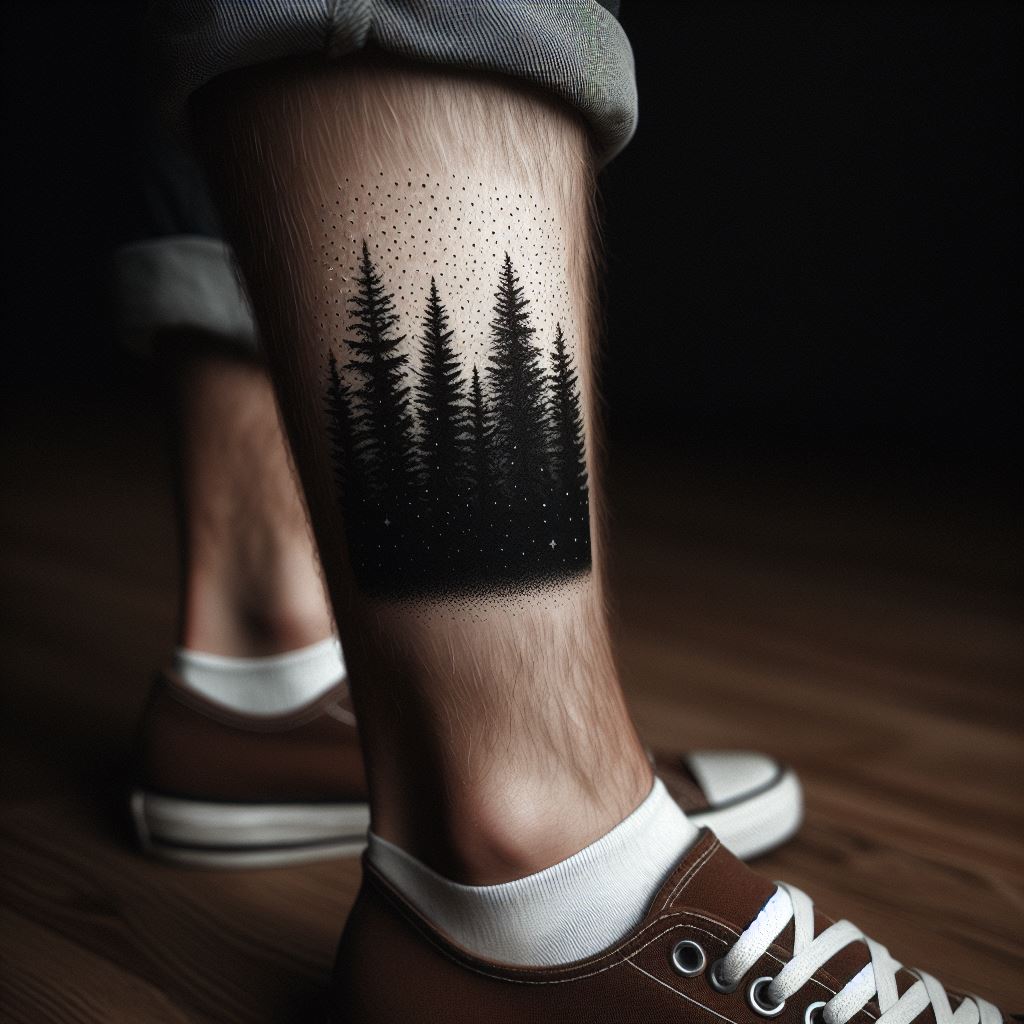 A man's leg with a tattoo around the ankle that depicts a forest silhouette at twilight. The trees are pine and fir, creating a dense forest look, with the tops of the trees breaking into a night sky filled with stars. This minimalistic tattoo uses black ink for the forest and fine white dots for the stars, creating a contrast that captures the beauty of nature.