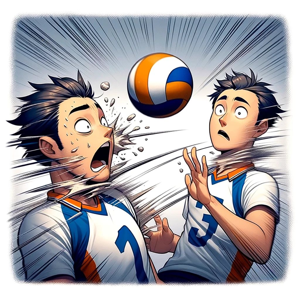 An animated image of a volleyball player accidentally hitting themselves in the face with the ball, with a stunned expression. Captioned "That moment when you realize volleyball is a contact sport... with yourself."