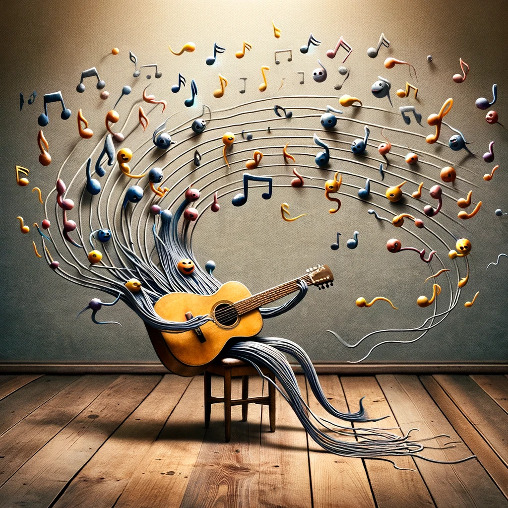 A whimsical image of a group of musical notes dancing around a guitar, as if the guitar is playing itself, captioned, "When the music plays you."