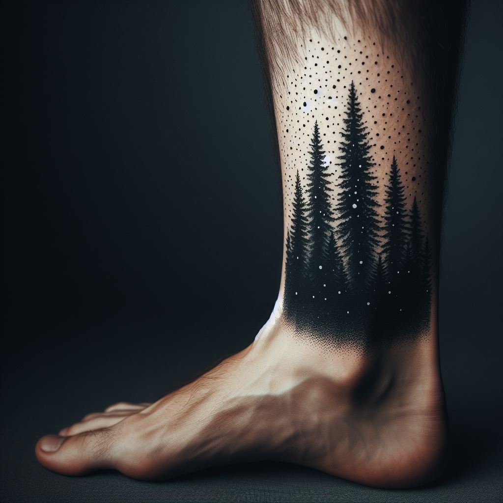A man's leg with a tattoo around the ankle that depicts a forest silhouette at twilight. The trees are pine and fir, creating a dense forest look, with the tops of the trees breaking into a night sky filled with stars. This minimalistic tattoo uses black ink for the forest and fine white dots for the stars, creating a contrast that captures the beauty of nature.