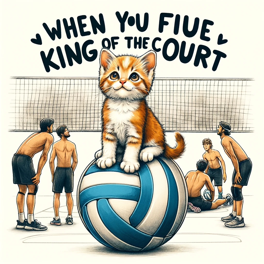 An illustration of a tiny kitten sitting on top of a volleyball, looking proud, with players in the background searching for the ball. Captioned "When you find the true king of the court."
