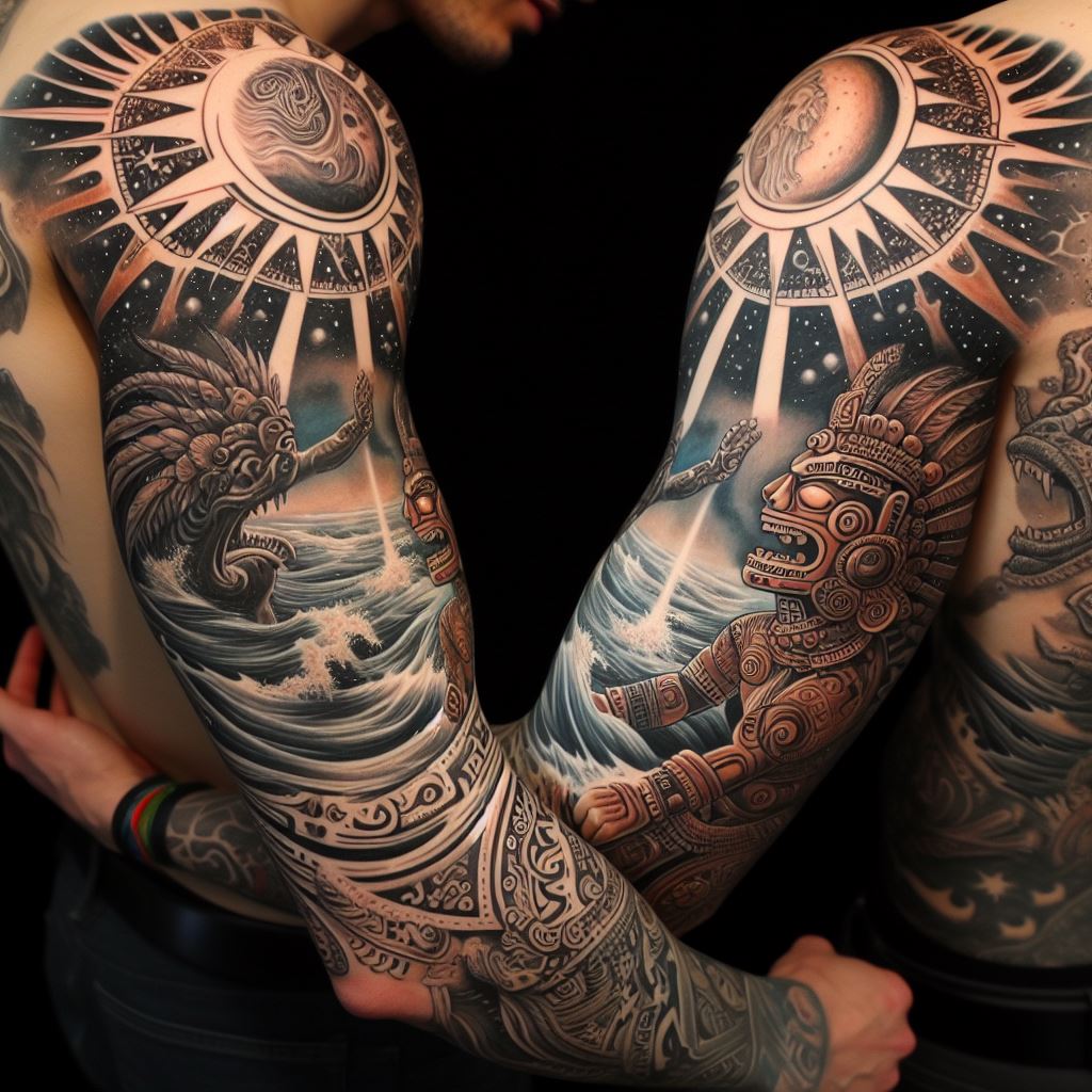 A sleeve tattoo that wraps around the left arm, showcasing a panoramic view of the Aztec creation myth. It includes the gods Quetzalcoatl and Tezcatlipoca creating the world from the sea monster Cipactli. The tattoo features intricate patterns of waves, mountains, and celestial bodies, with the two gods depicted in dynamic motion, their faces detailed and expressive.