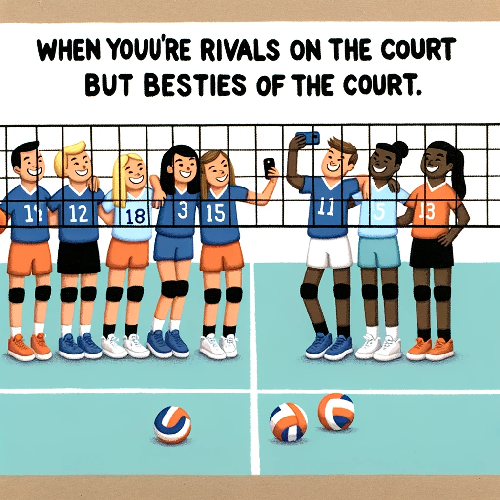 A playful depiction of a group of volleyball players taking a selfie with the net in the middle, splitting the teams. Captioned "When you're rivals on the court but besties off the court."
