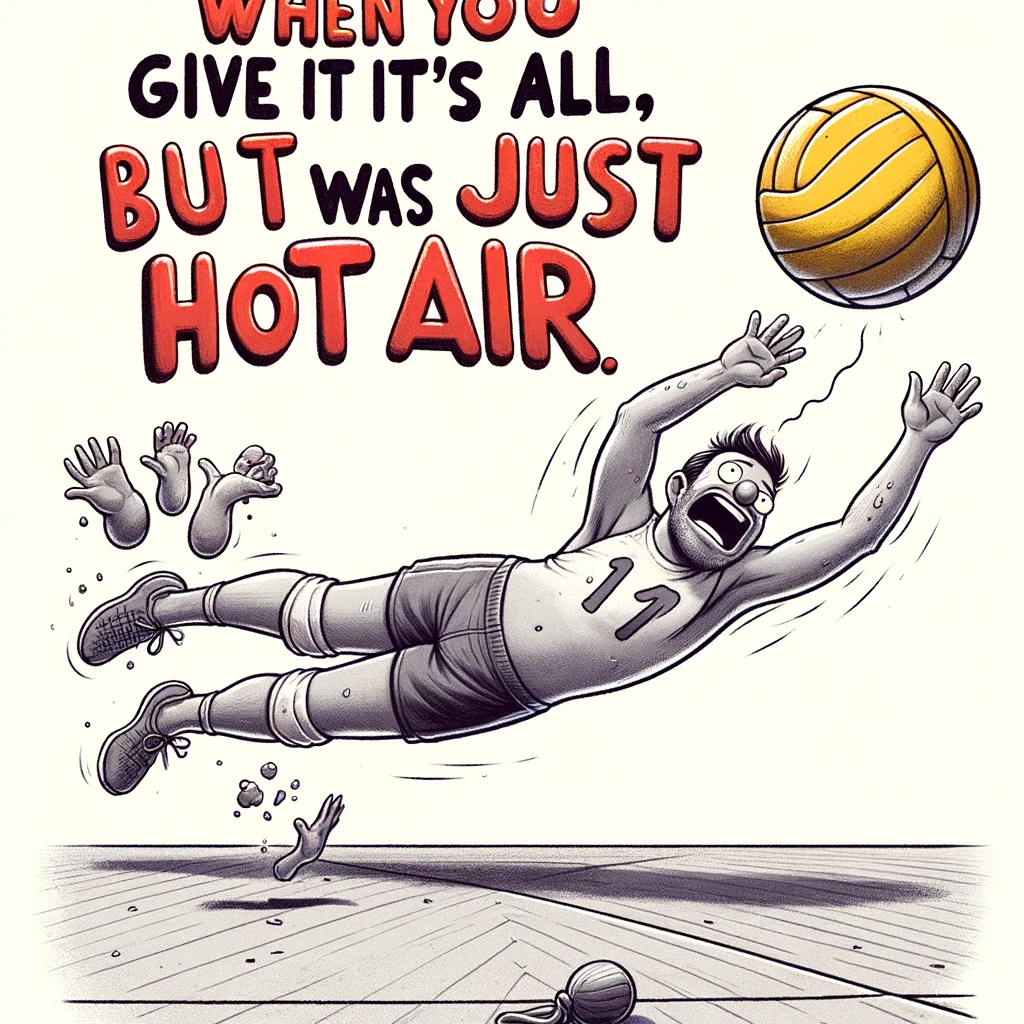 An amusing illustration of a volleyball player diving to save a ball, only to find out it's a balloon. Captioned "When you give it your all, but it was just hot air."