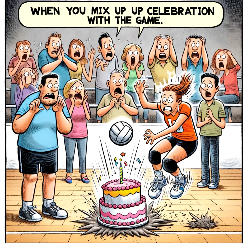 A cartoon showing a volleyball player accidentally spiking the ball into a cake on the sidelines, with spectators looking shocked. Captioned "When you mix up the celebration with the game."