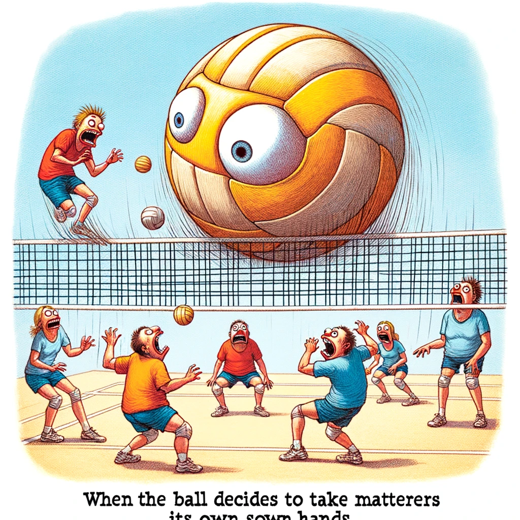 A humorous depiction of a volleyball spiking itself over the net, with players on both sides looking bewildered. Captioned "When the ball decides to take matters into its own hands."