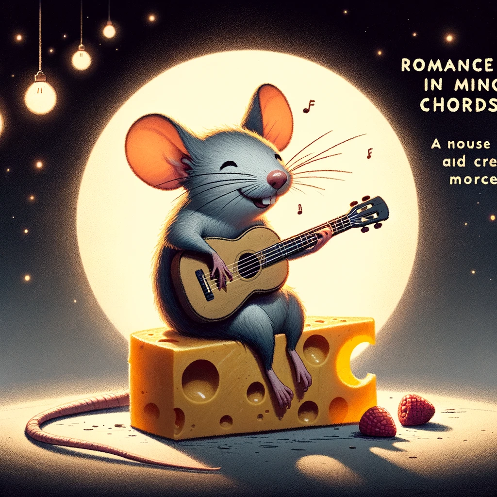 A cartoonish image of a mouse serenading a piece of cheese with a tiny guitar, under moonlight, captioned, "Romance in minor chords."