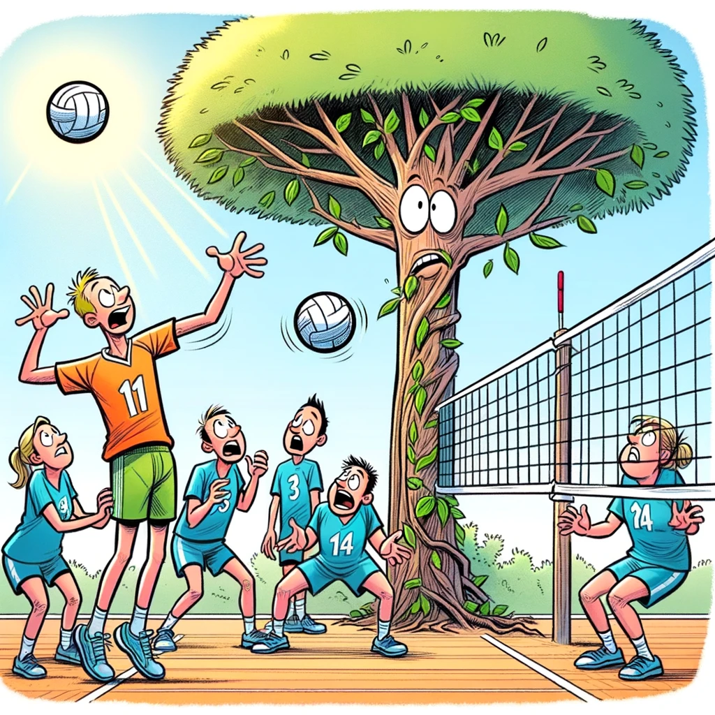 A cartoon of a volleyball player attempting a serve but the ball gets stuck in a tree, with the team looking up in confusion. Captioned "When nature decides to play defense."