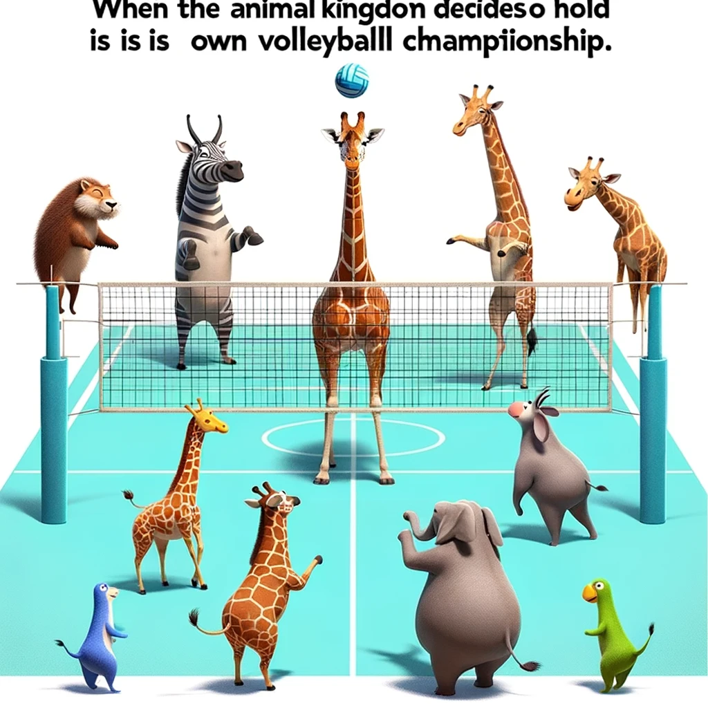 An amusing image of a volleyball game where the players are all different types of animals, with a giraffe spiking the ball. Captioned "When the animal kingdom decides to hold its own volleyball championship."