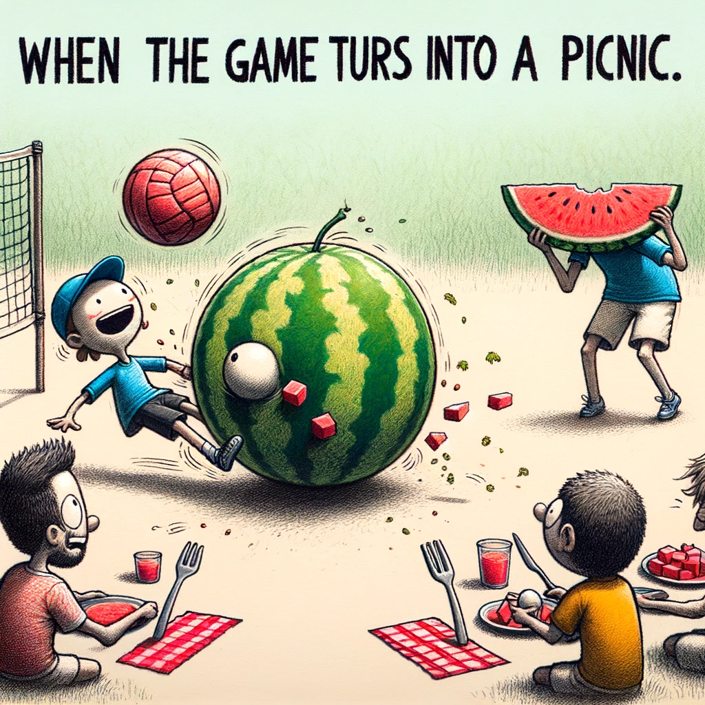A whimsical drawing of a player trying to serve the ball, but it's actually a watermelon. Other players are ready with forks and plates. Captioned "When the game turns into a picnic."
