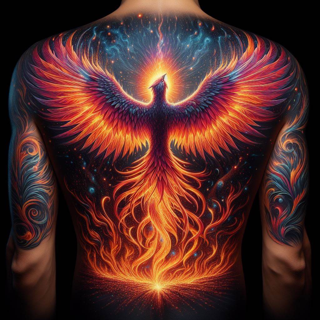 A detailed and vibrant tattoo covering the entire back, featuring a majestic phoenix rising from flames. The phoenix's wings spread wide, touching the edges of the shoulders, with feathers in shades of fiery red, orange, and yellow. The flames at the base are in deep blues and purples, creating a striking contrast. Intricate patterns of ashes and sparks float upwards, merging into the background.