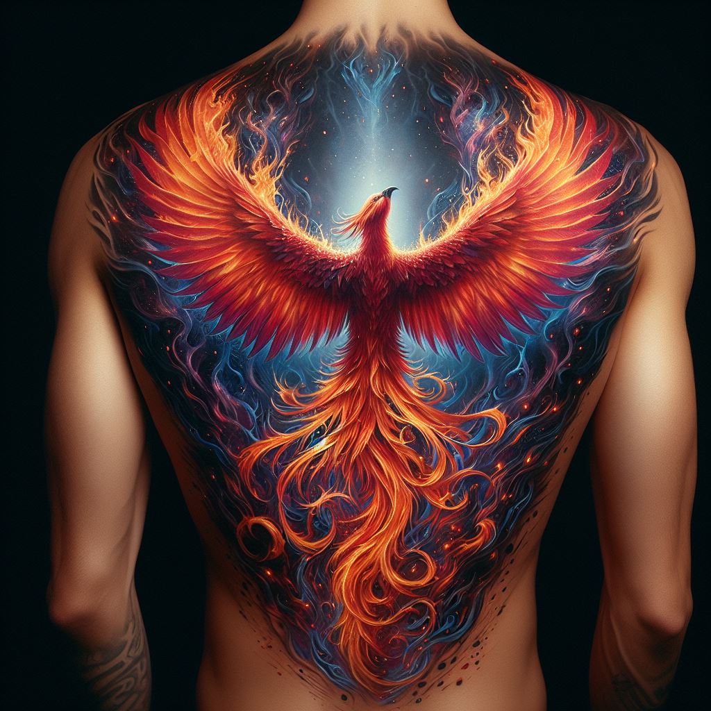 A detailed and vibrant tattoo covering the entire back, featuring a majestic phoenix rising from flames. The phoenix's wings spread wide, touching the edges of the shoulders, with feathers in shades of fiery red, orange, and yellow. The flames at the base are in deep blues and purples, creating a striking contrast. Intricate patterns of ashes and sparks float upwards, merging into the background.